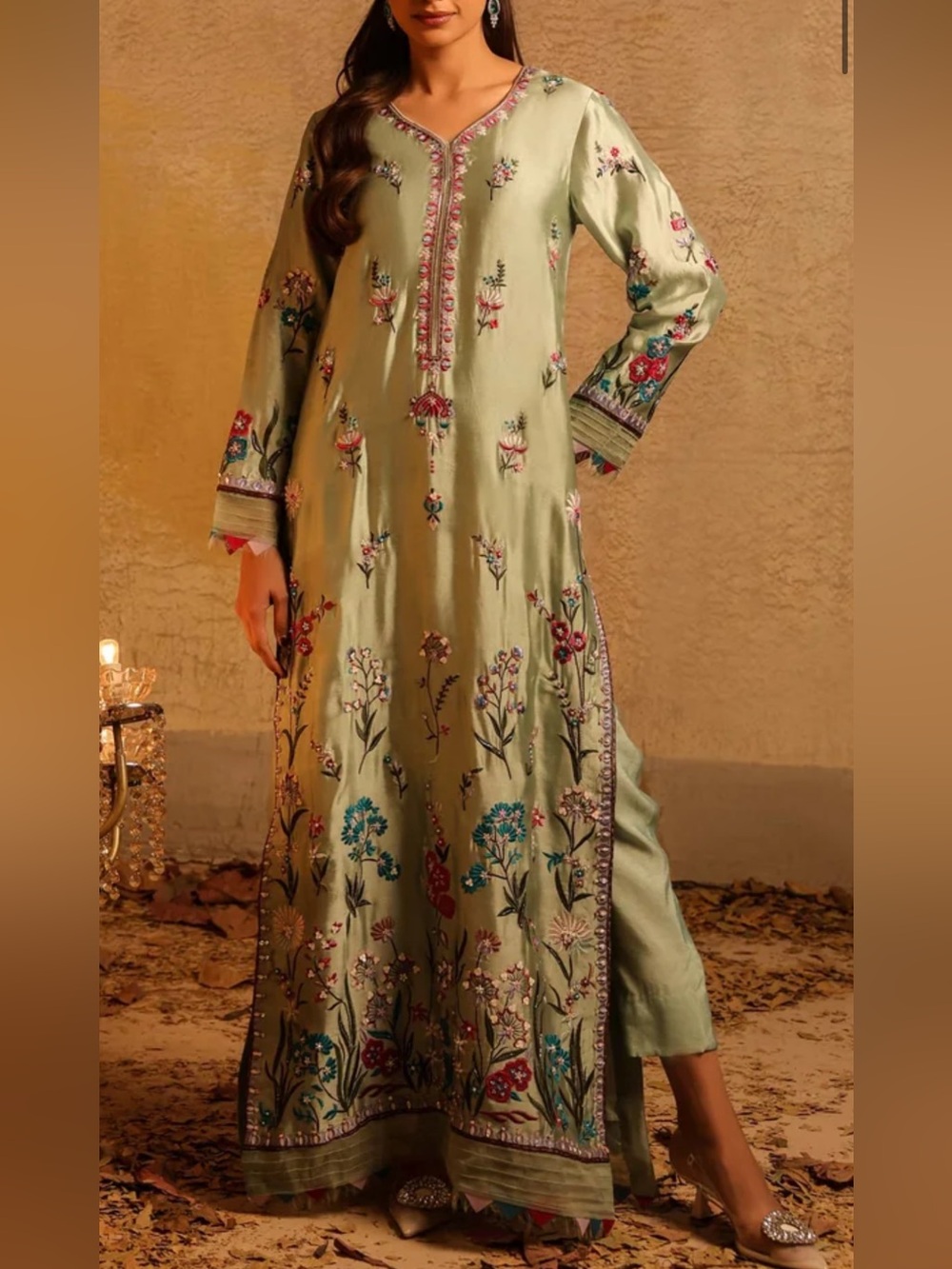 Sammy K Tea Green Embellished Floral 3 Piece Suit with Dupatta - Size Medium